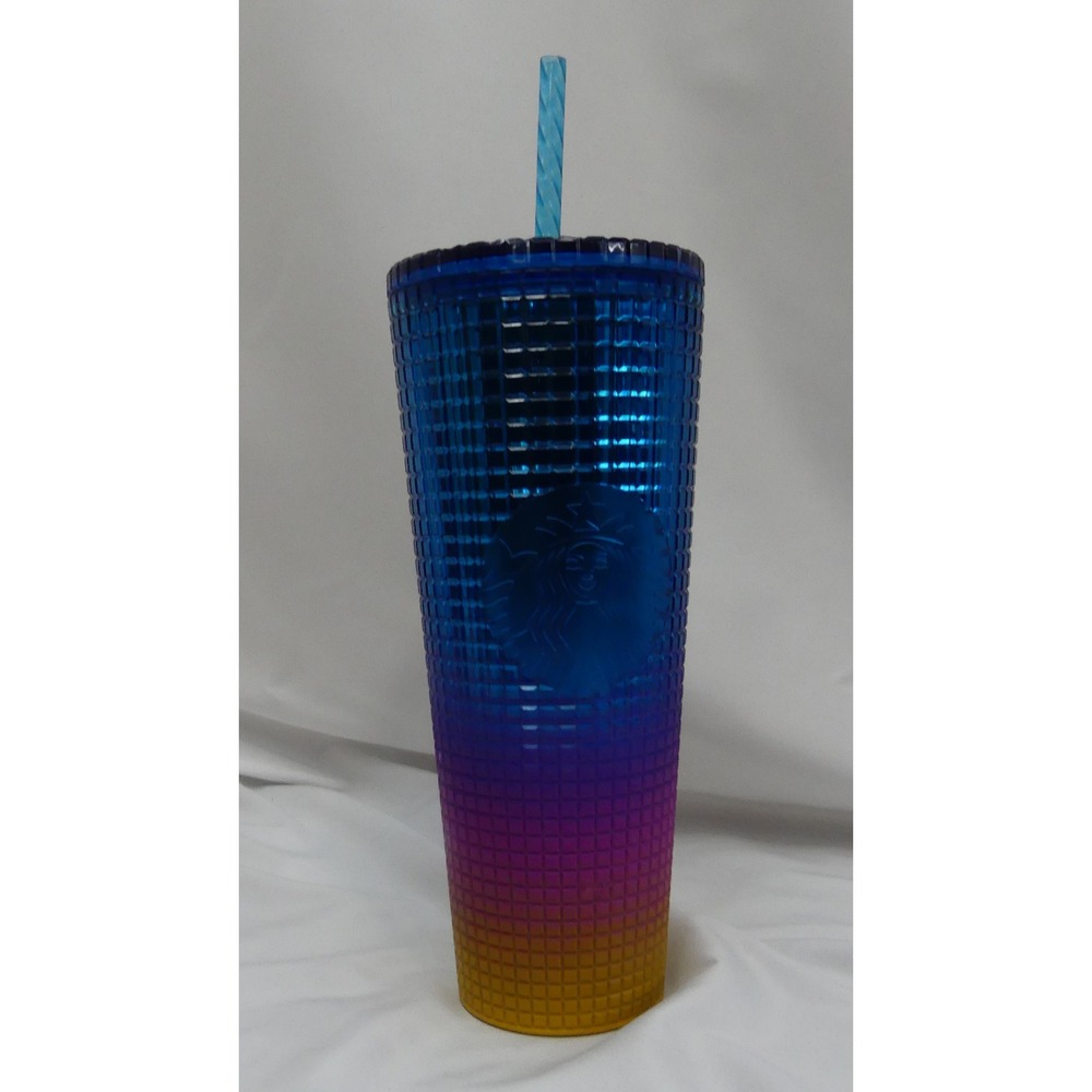 Starbucks Tumbler Unisex 24oz Blue Purple Yellow Studded Grid Cold Cup Ombre